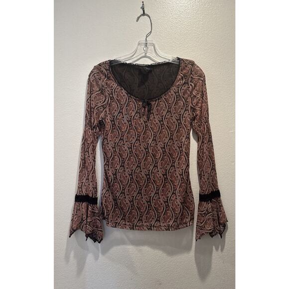Express Tops - Vintage EXPRESS Size Medium Paisley Print Y2K Mesh Top Flared Sleeves Fairy Boho